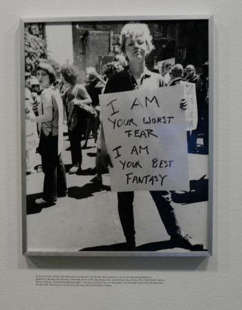 Photo de Donna Gottschalk qui tient une pancarte sur laquelle est écrit : I am your worst fear I am  your best fantasy
