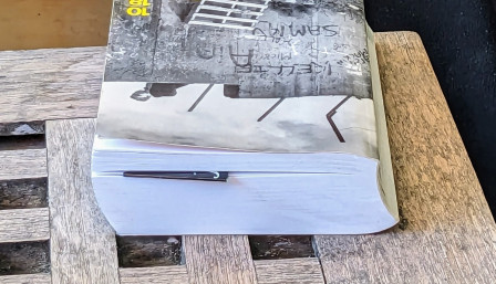 La couverture, vue à l'envers, livre posé sur une table en bois, de &quot;Eureka Street" de Robert McLiam Wilson