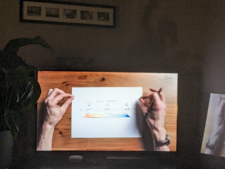 Un dessin de Sean Tucker avec ses mains autour pour illustrer un point technique sur la balance des blancs en photo.